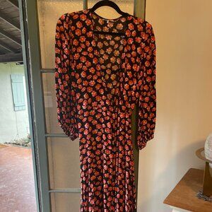 Ganni - Black w/ Pink & Orange Floral Print Maxi Wrap Dress Sz 6